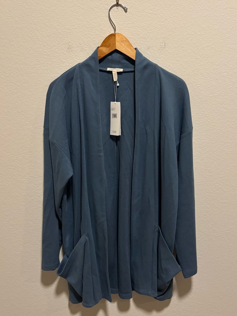 Nwt Eileen Fisher Diagonal Eco Knit Open Kimono Jacket In L Blue